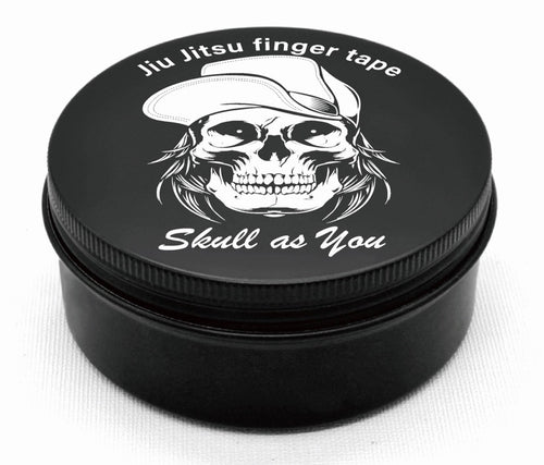 BJJ Finger Tape by Skull As You in black storage container with skull logo