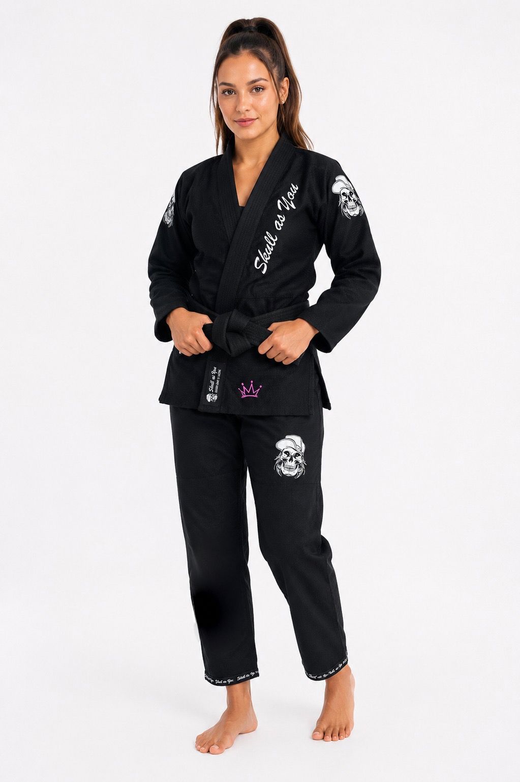 BJJ GI Crown Female Black front view worn during Brazilian Jiu-Jitsu training by Skull As You