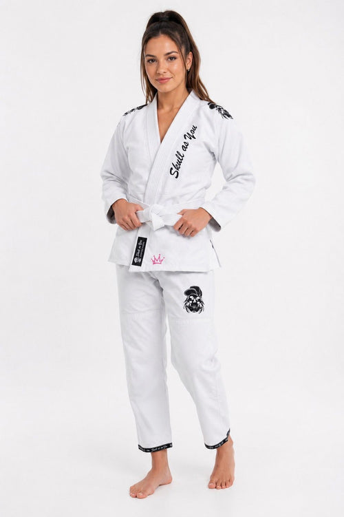 BJJ GI Crown Female White front view worn during Brazilian Jiu-Jitsu training by Skull As You