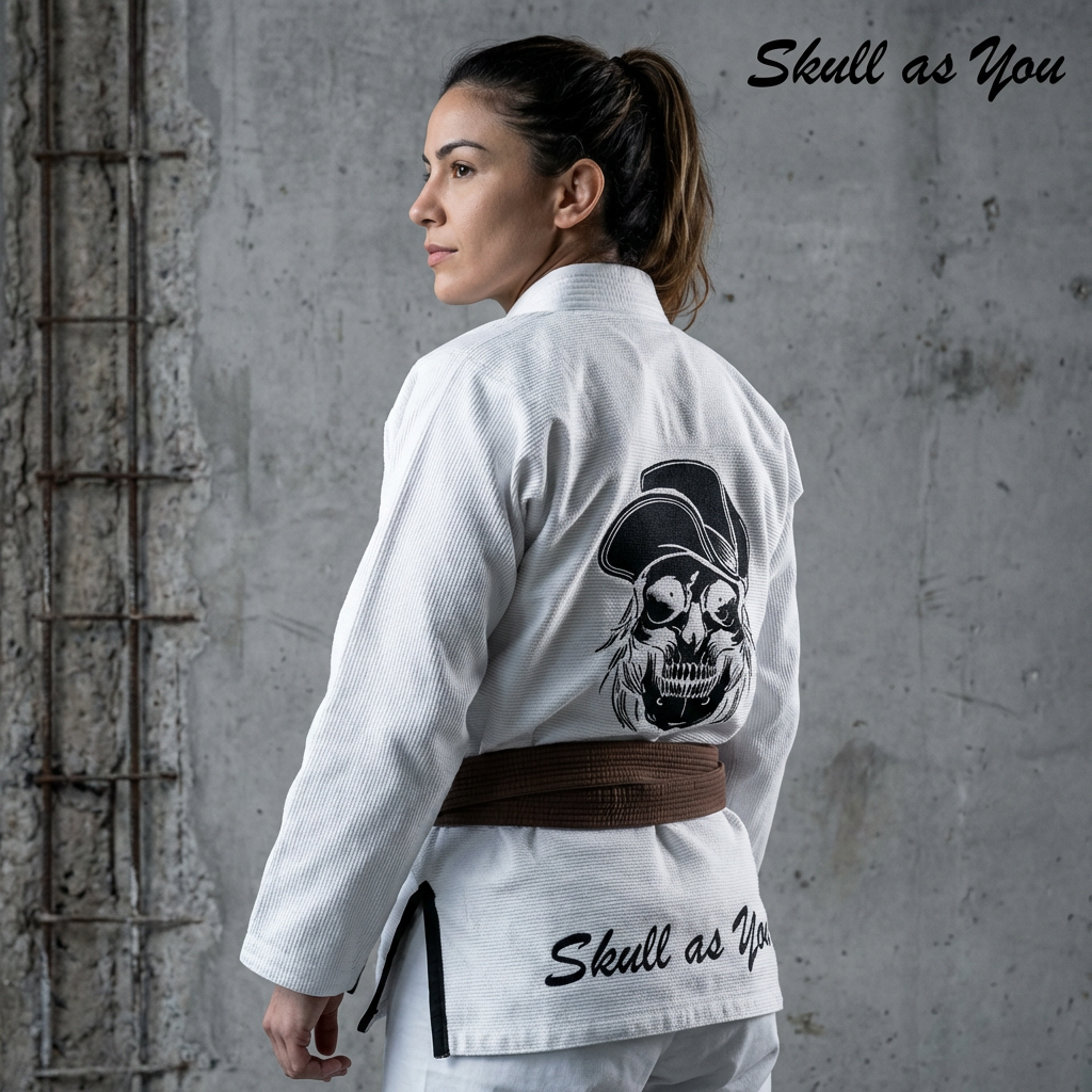 BJJ GI Skull Caveira white Brazilian Jiu-Jitsu gi worn during training by Skull As You