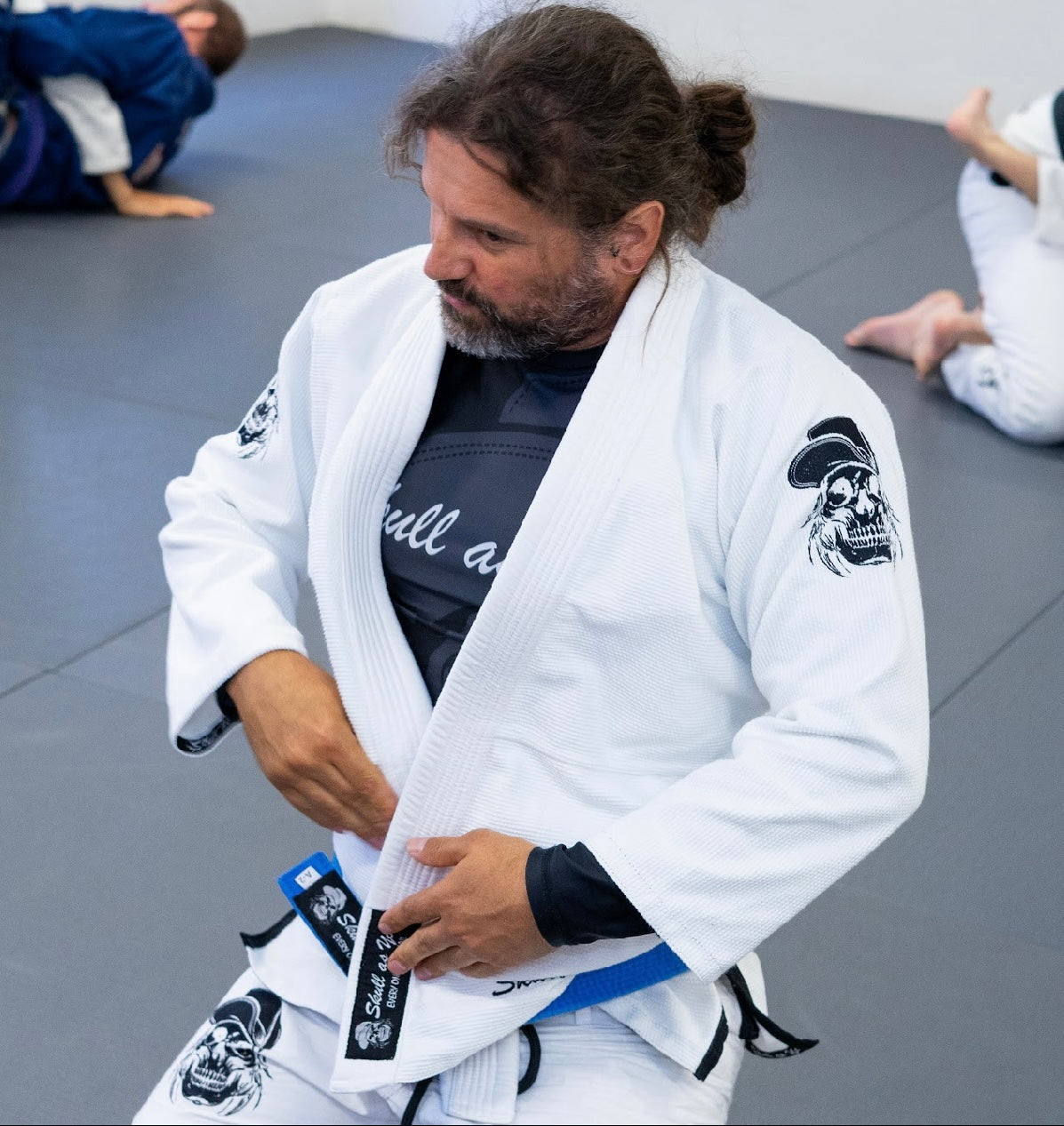 BJJ GI Trinity Skull white Brazilian Jiu-Jitsu gi worn during training by Skull As You