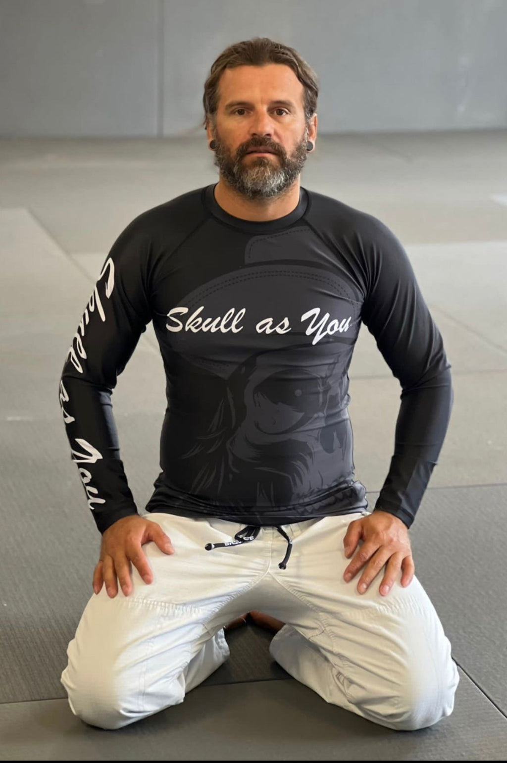 BJJ Rash Guard Long Sleeve Shadow Skull worn during Brazilian Jiu-Jitsu training by Skull As You