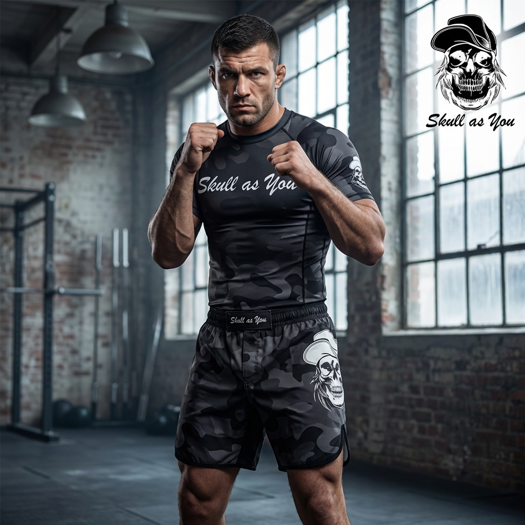 BJJ Rash Guard Short Sleeve Camouflage worn during Brazilian Jiu-Jitsu training by Skull As You