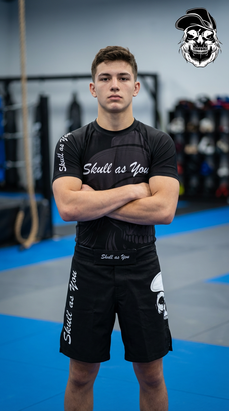 BJJ Rash Guard Short Sleeve Shadow Skull worn during Brazilian Jiu-Jitsu training by Skull As You