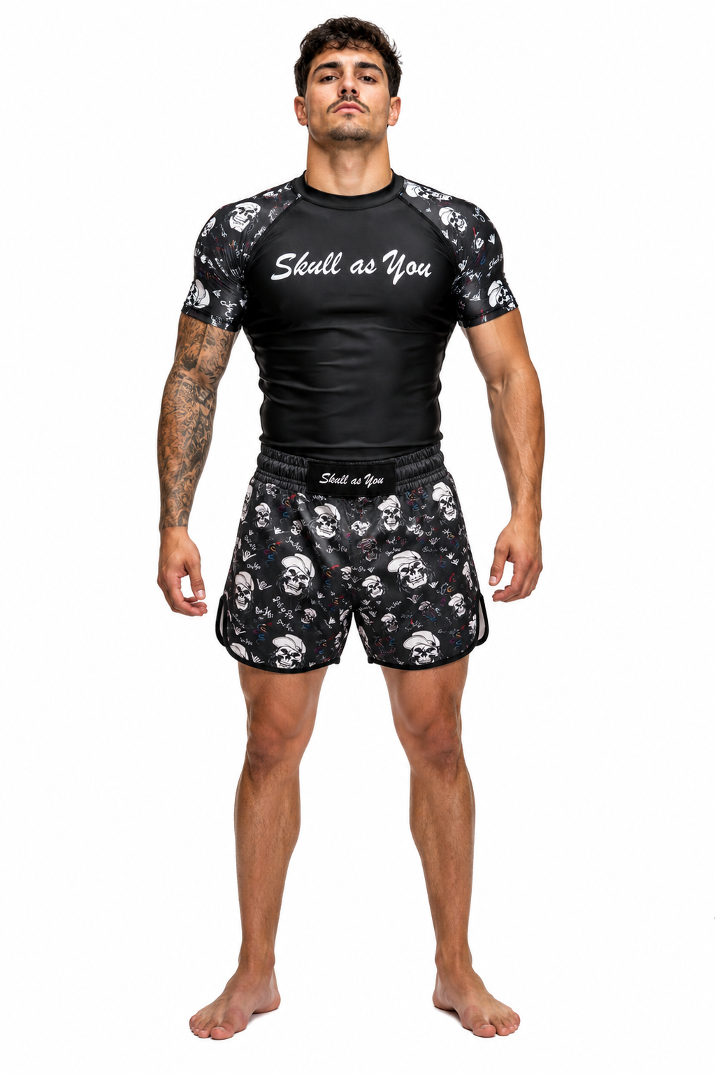 BJJ Rash Guard Short Sleeve Skin n Bones Black front view by Skull As You