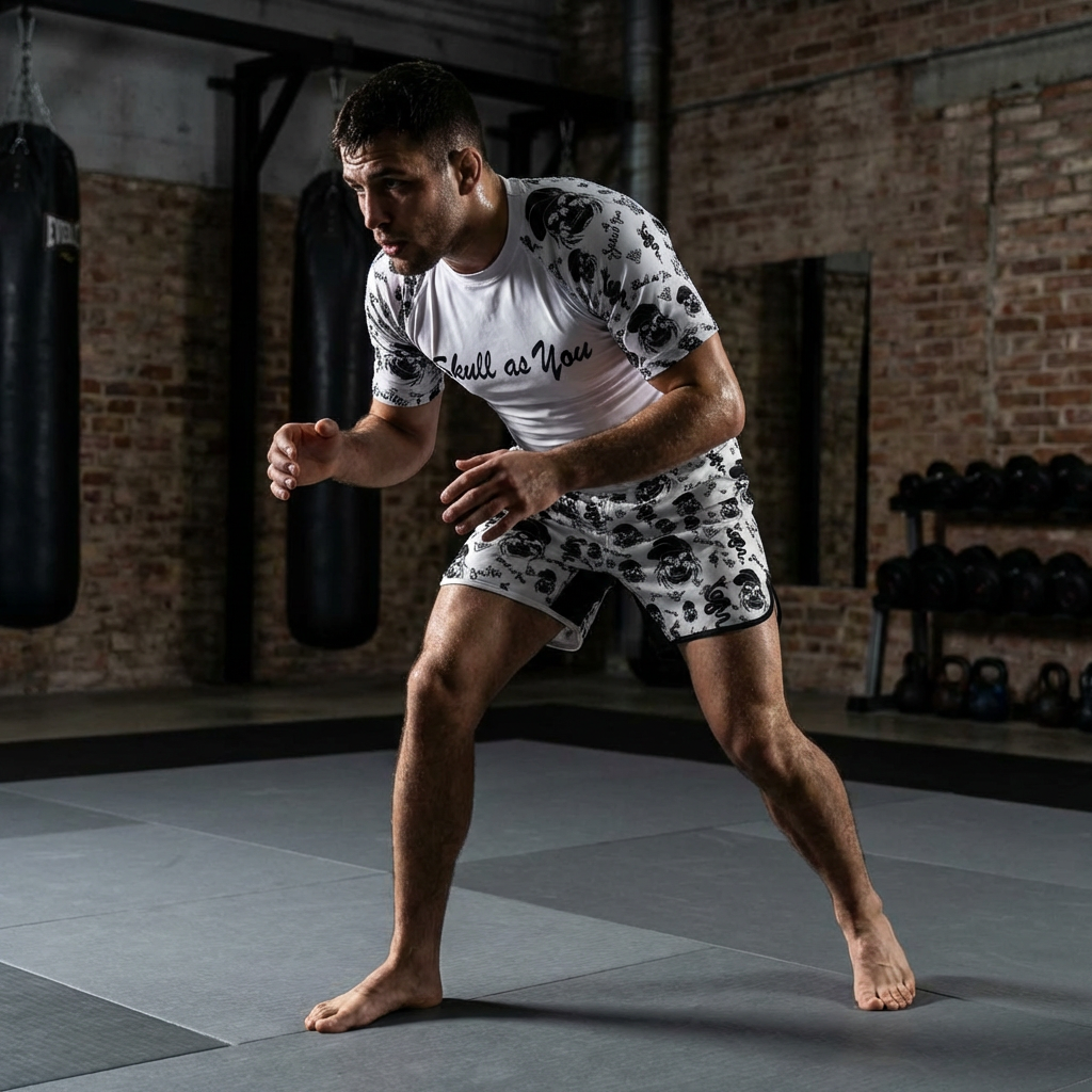BJJ Shorts Skin n Bones No Gi White worn during Brazilian Jiu-Jitsu training by Skull As You