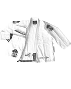 Skull As You Trinity Skull BJJ gi – white jacket with front, back and arm embroidery, reinforced lapel and pants.